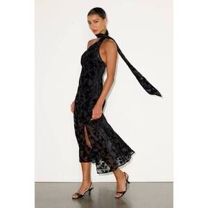 NWT- Lulus Alis Black Velvet Burnout One-shoulder Sash Midi Dress - Size S